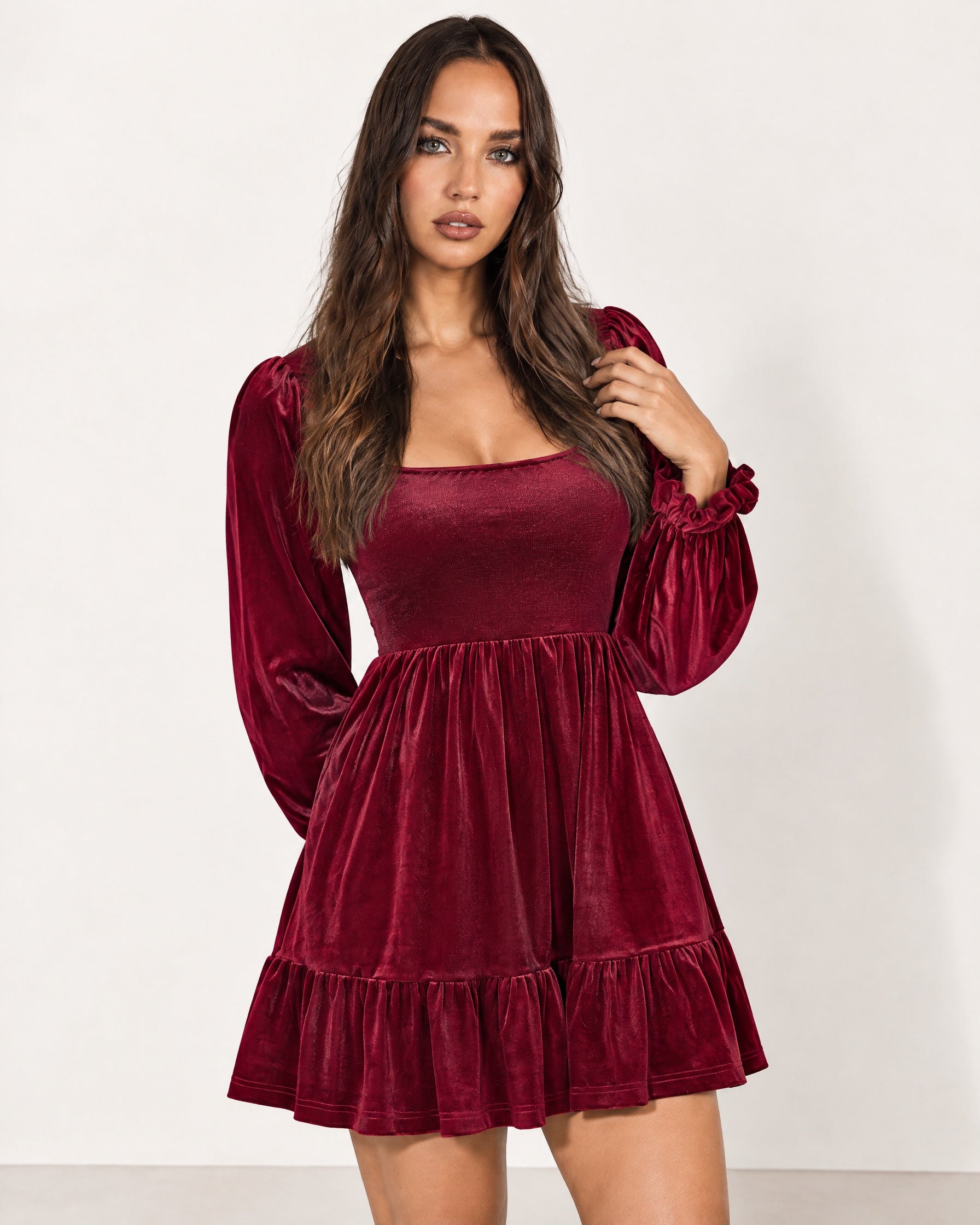 Wine Red Velvet Dress Mini Tiered with Puff Sleeves