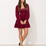 Wine Red Velvet Dress Mini Tiered with Puff Sleeves