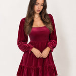 Wine Red Velvet Dress Mini Tiered with Puff Sleeves
