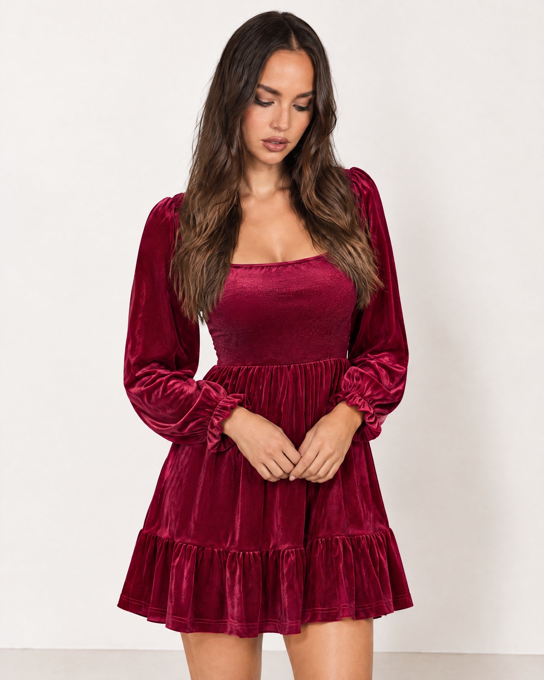 Wine Red Velvet Dress Mini Tiered with Puff Sleeves