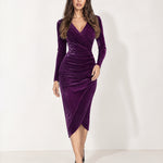 Purple Velvet Wrap Dress Midi with Ruched Waist