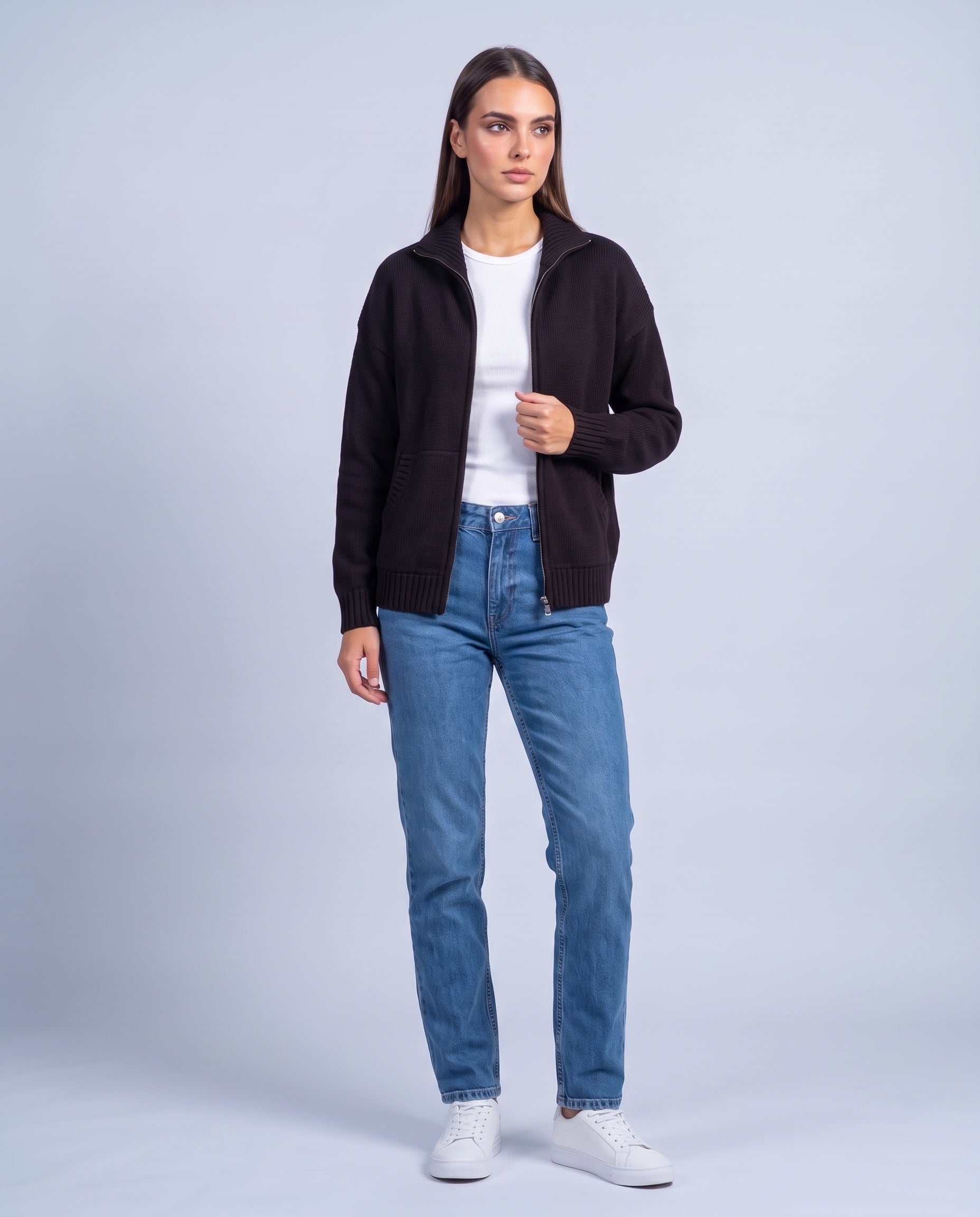 Black Zip Cardigan High Neck Zip Up Knitted Cardigan with Pockets Relaxed Fit
