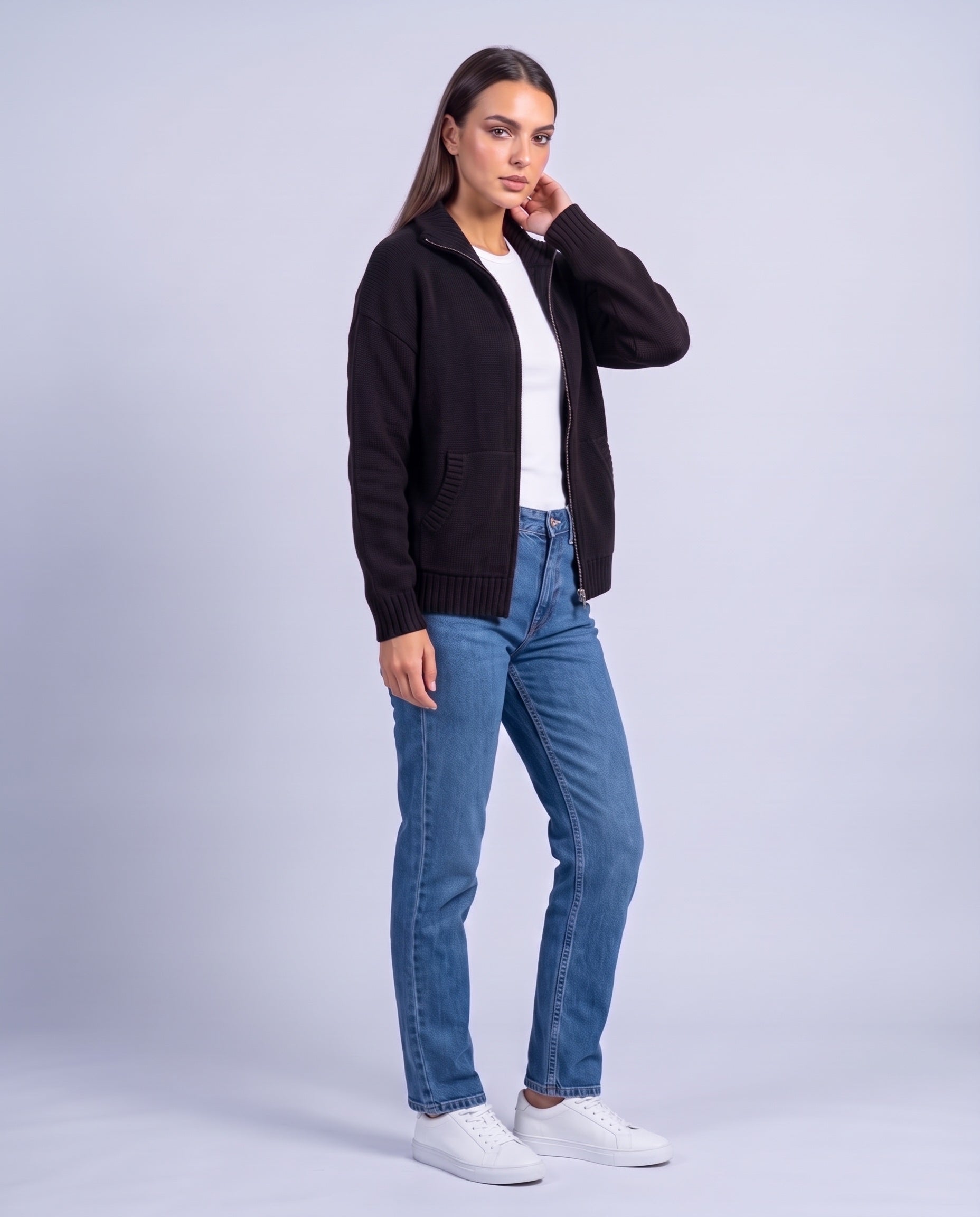 Black Zip Cardigan High Neck Zip Up Knitted Cardigan with Pockets Relaxed Fit