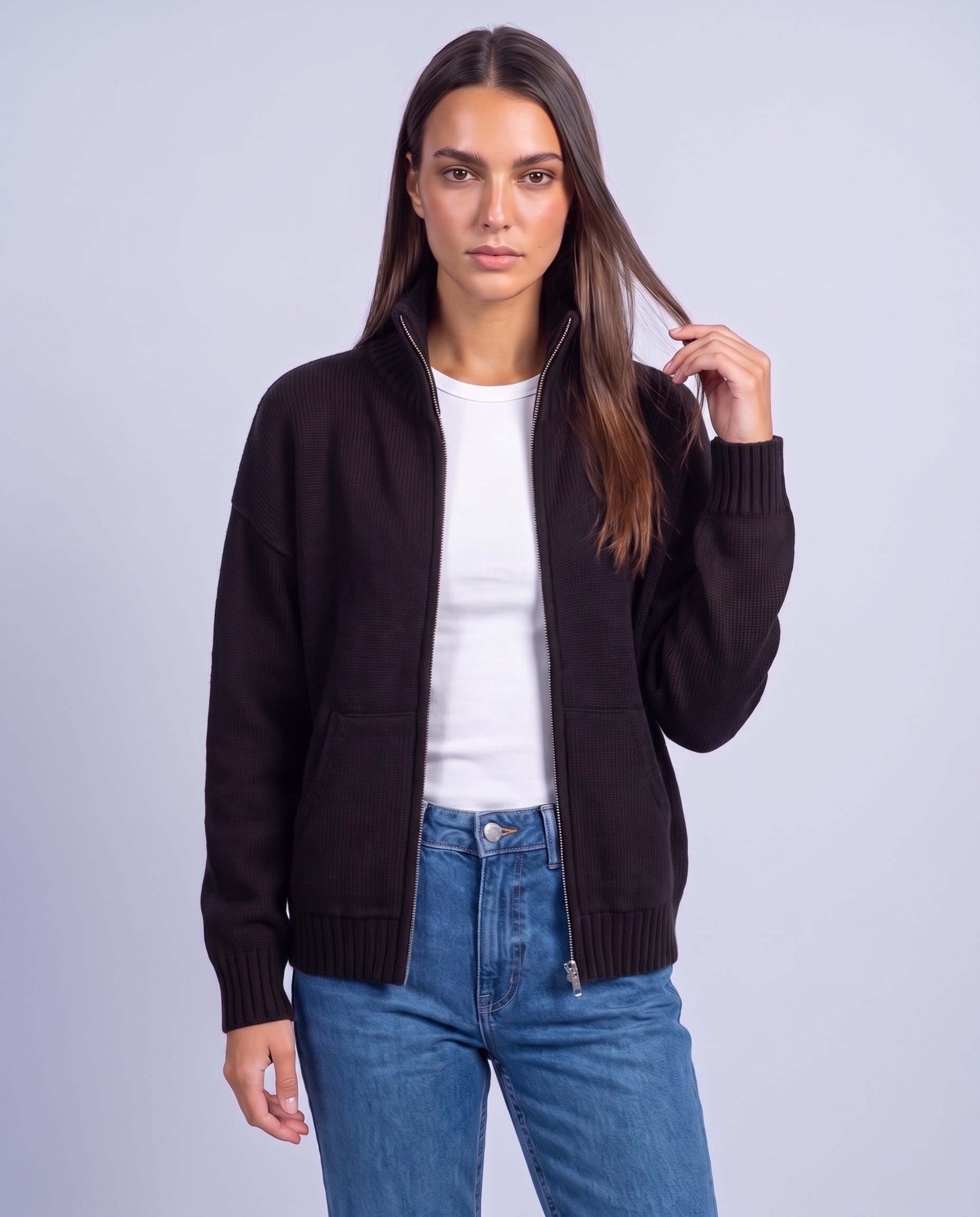 Black Zip Cardigan High Neck Zip Up Knitted Cardigan with Pockets Relaxed Fit