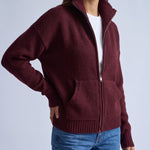Burgundy Zip Cardigan High Neck Zip Up Knitted Cardigan with Pockets Relaxed Fit