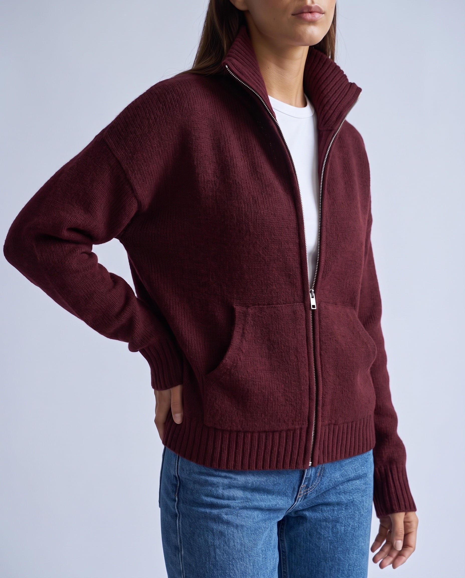 Burgundy Zip Cardigan High Neck Zip Up Knitted Cardigan with Pockets Relaxed Fit