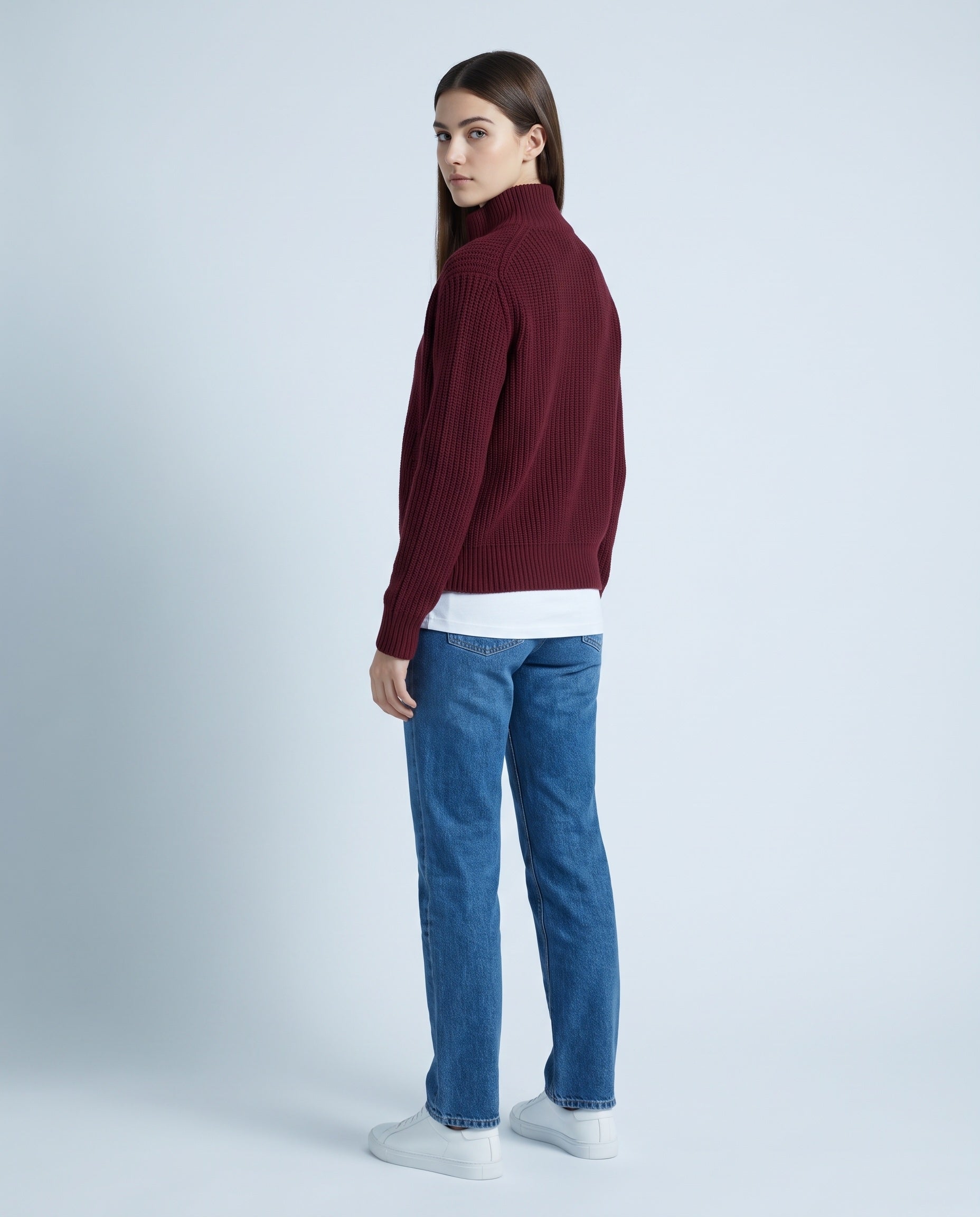 Burgundy Zip Cardigan High Neck Zip Up Knitted Cardigan with Pockets Relaxed Fit