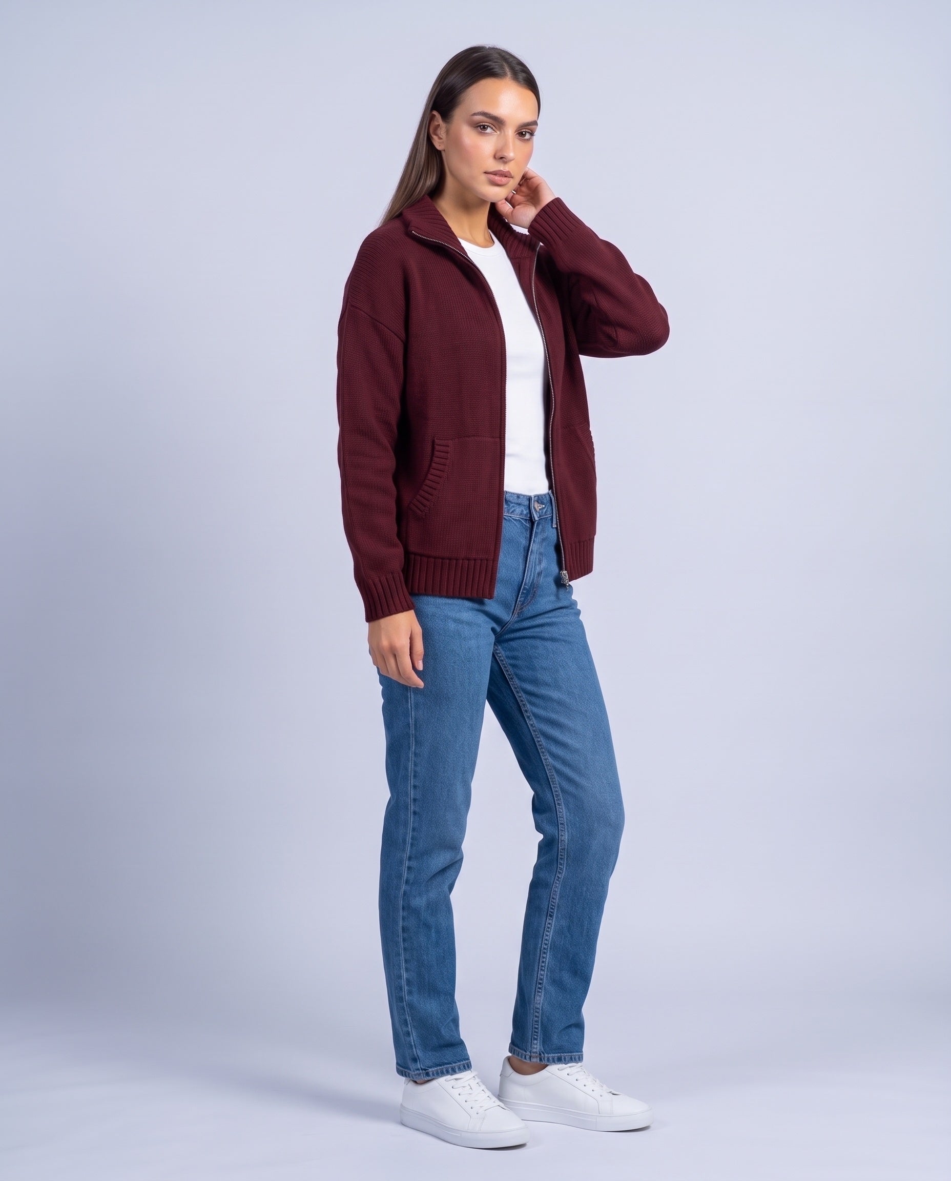 Burgundy Zip Cardigan High Neck Zip Up Knitted Cardigan with Pockets Relaxed Fit