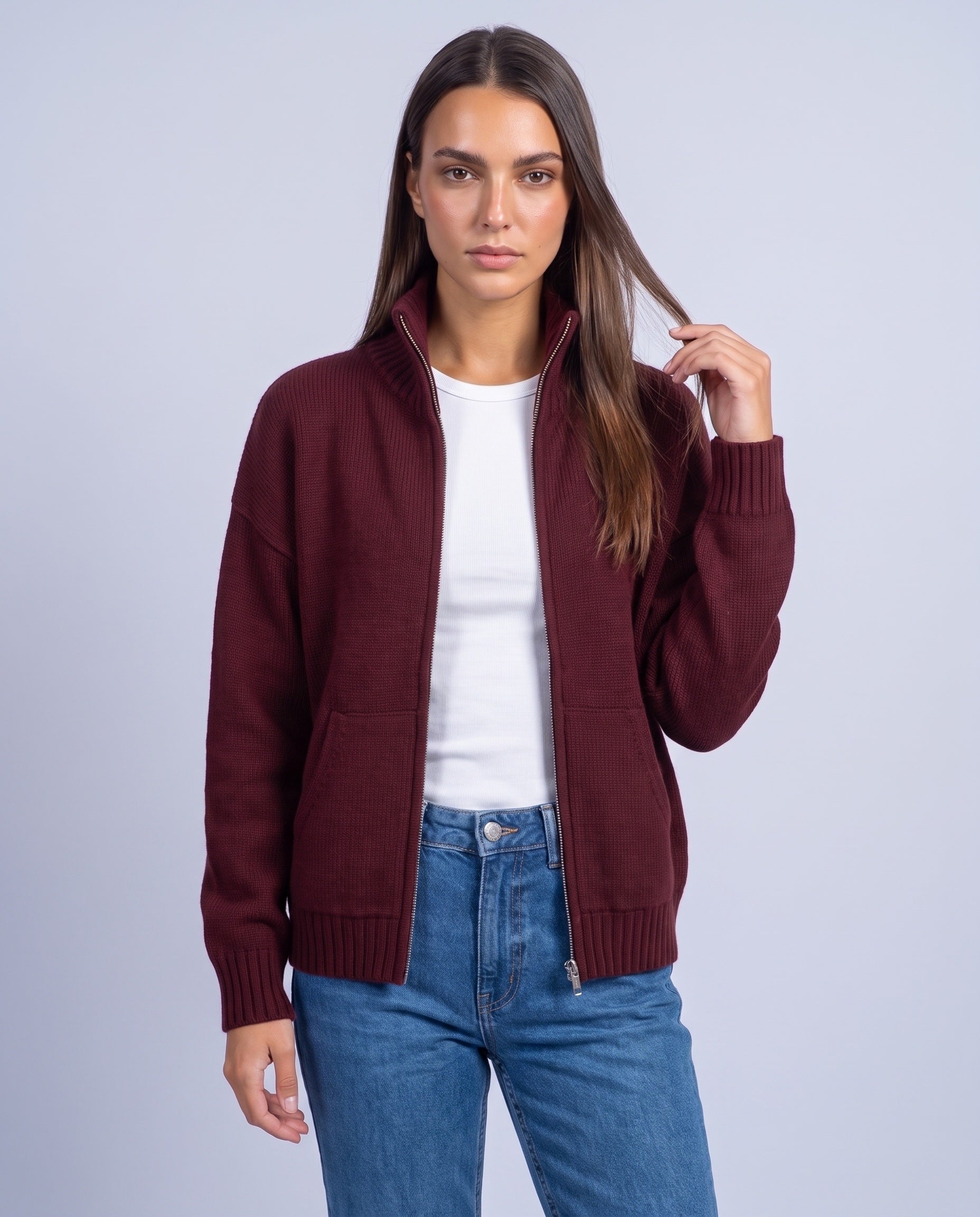 Burgundy Zip Cardigan High Neck Zip Up Knitted Cardigan with Pockets Relaxed Fit