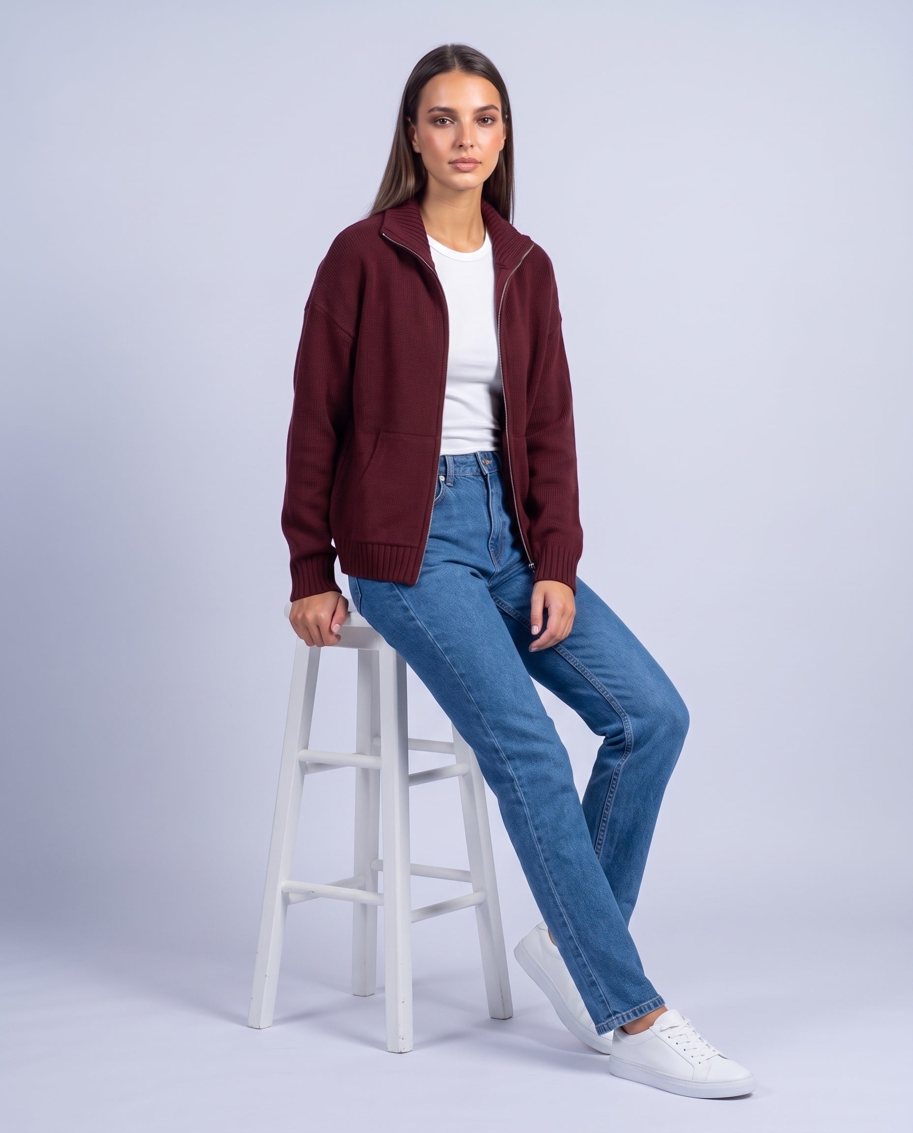Burgundy Zip Cardigan High Neck Zip Up Knitted Cardigan with Pockets Relaxed Fit
