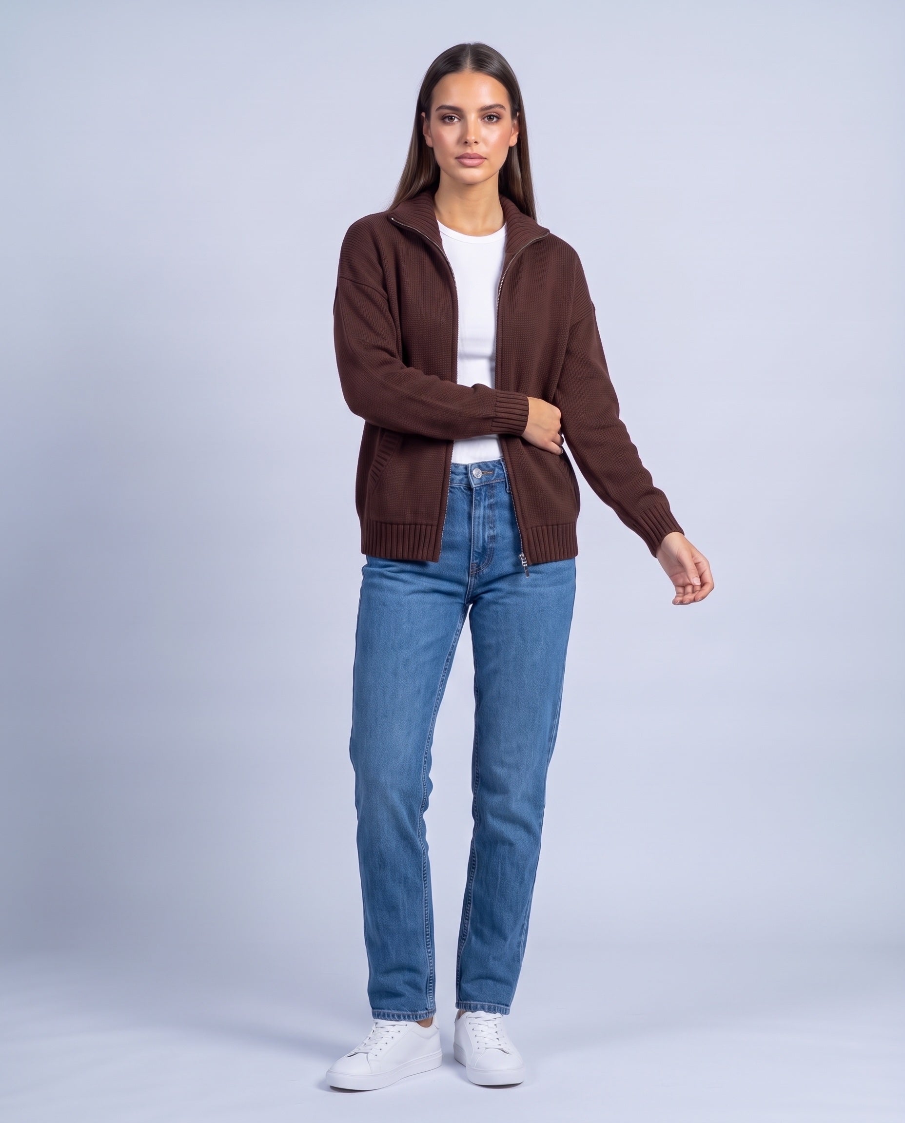 Coffee Brown Zip Cardigan High Neck Zip Up Knitted Cardigan with Pockets Relaxed Fit