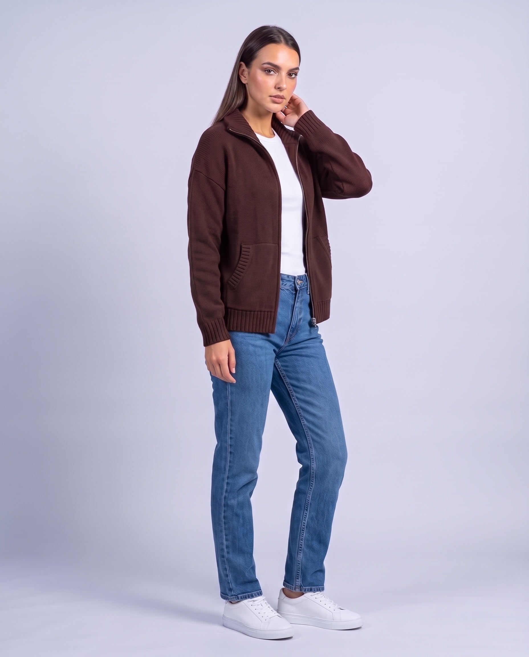 Coffee Brown Zip Cardigan High Neck Zip Up Knitted Cardigan with Pockets Relaxed Fit