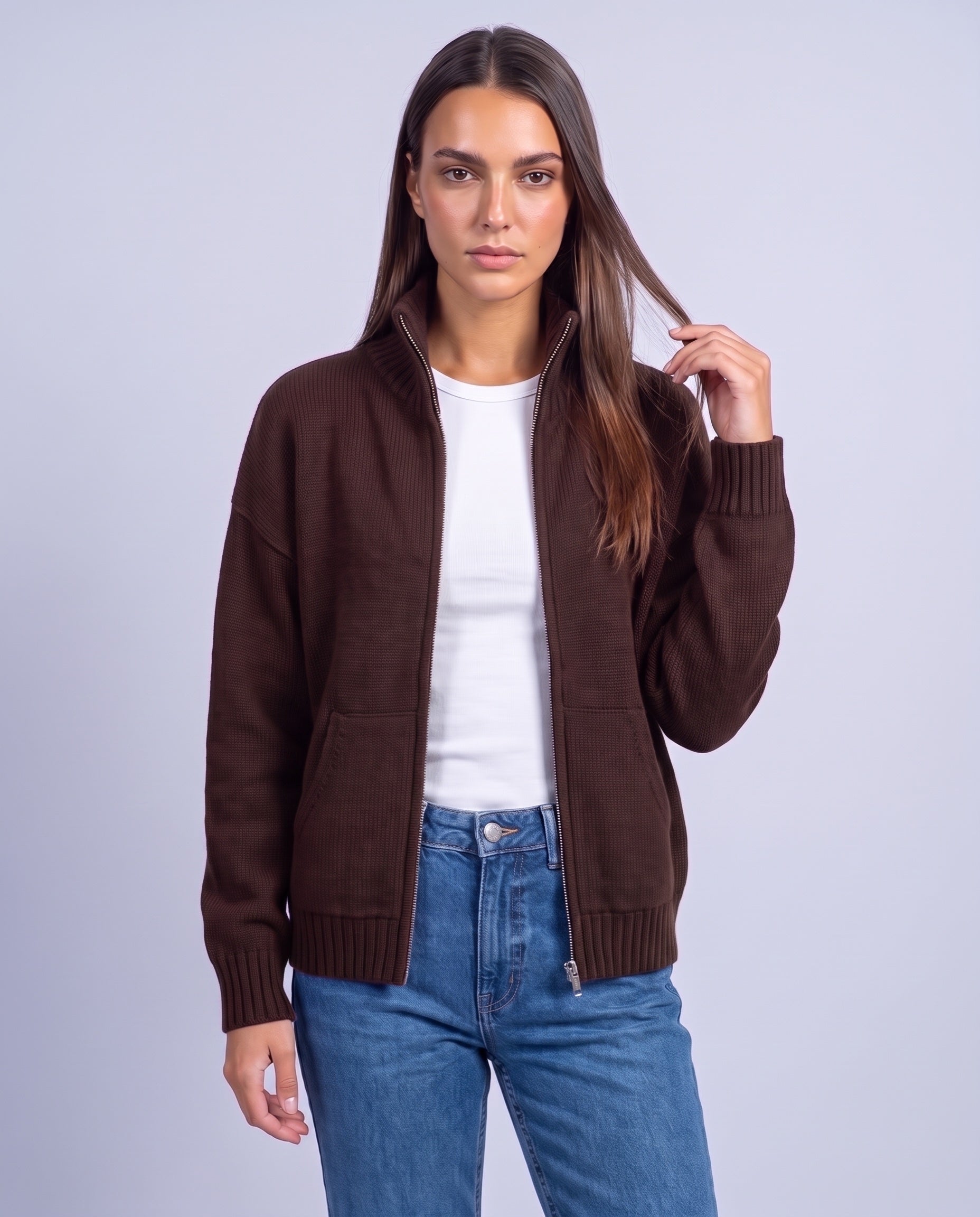 Coffee Brown Zip Cardigan High Neck Zip Up Knitted Cardigan with Pockets Relaxed Fit