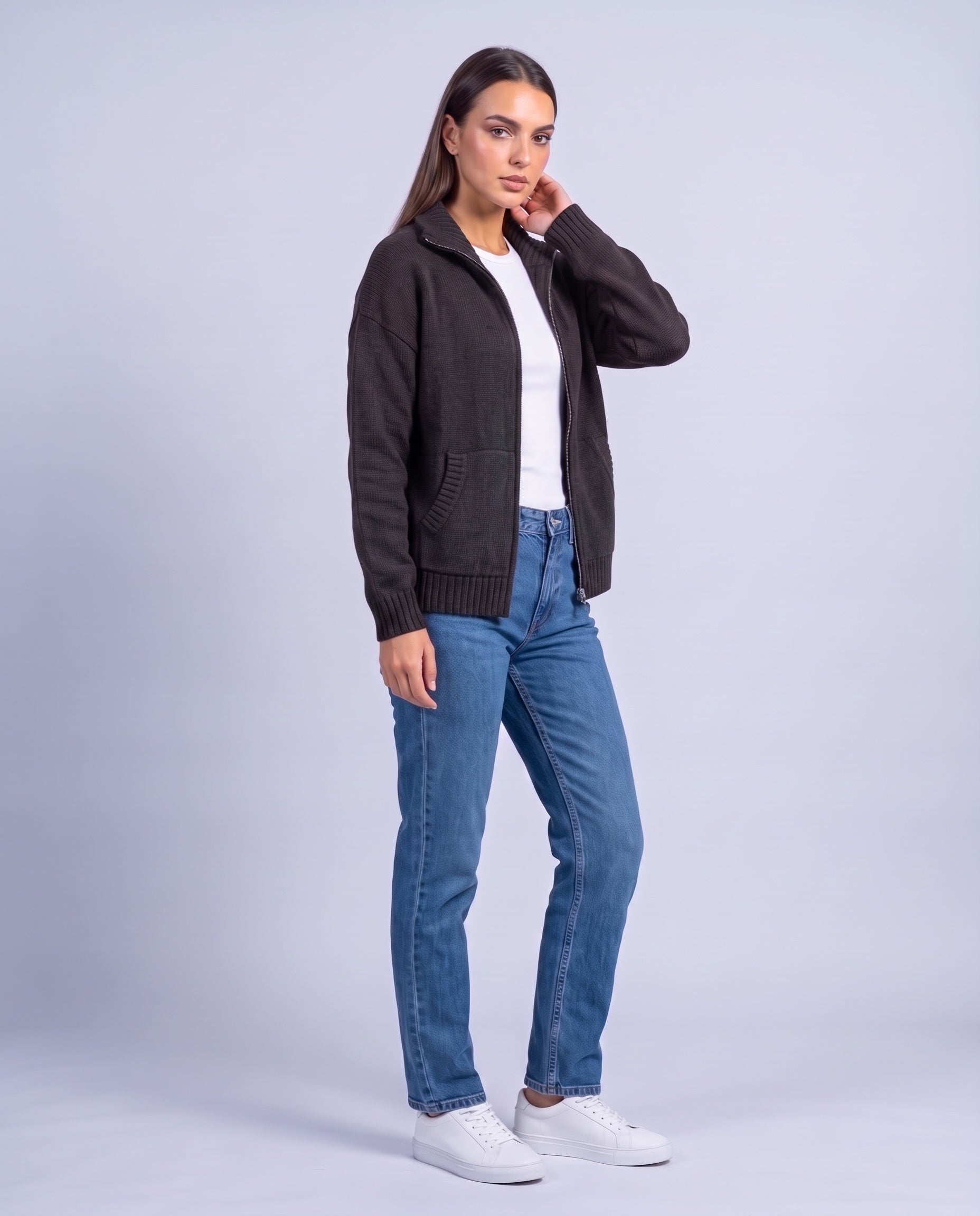 Dark Gray Zip Cardigan High Neck Zip Up Knitted Cardigan with Pockets Relaxed Fit