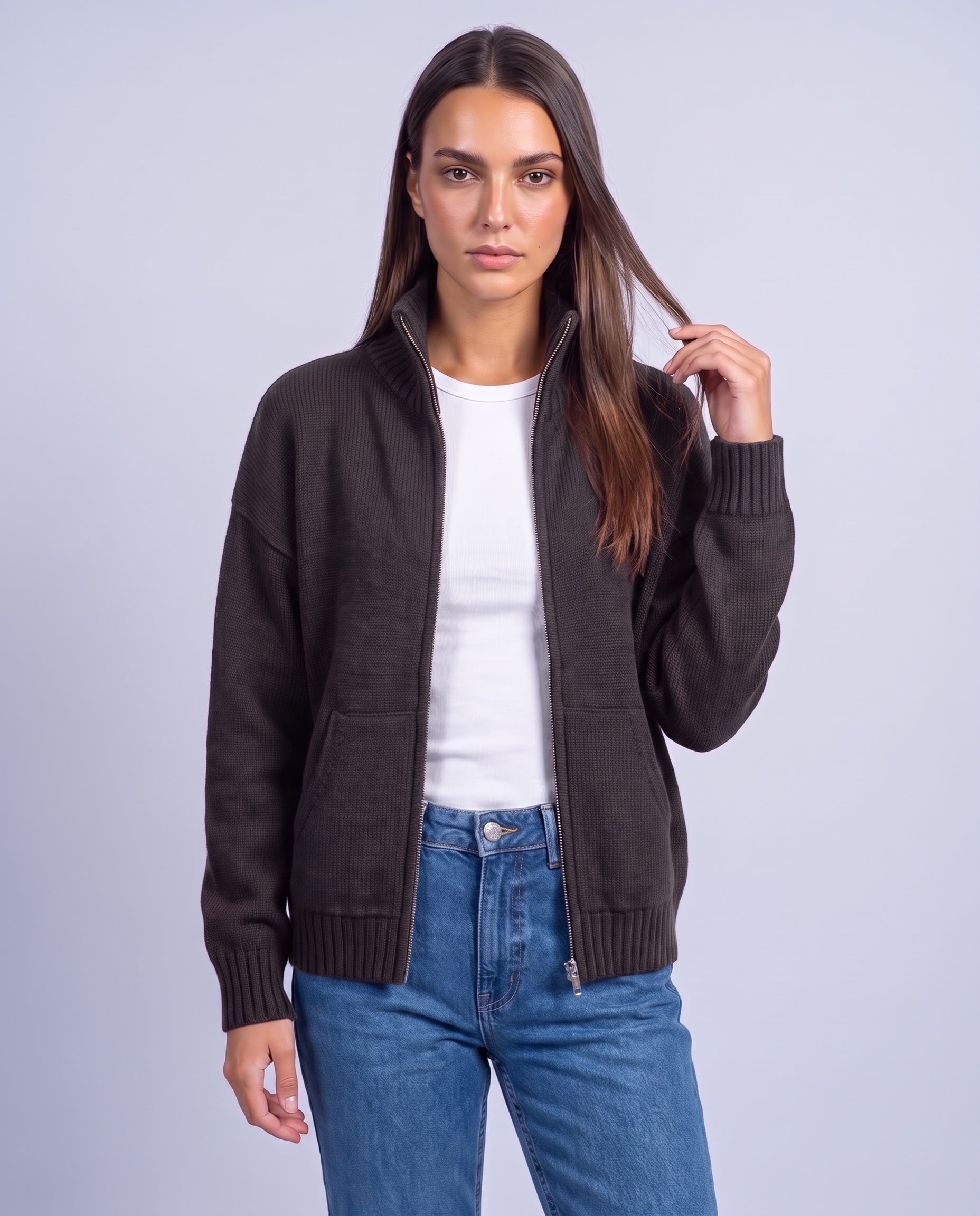 Dark Gray Zip Cardigan High Neck Zip Up Knitted Cardigan with Pockets Relaxed Fit