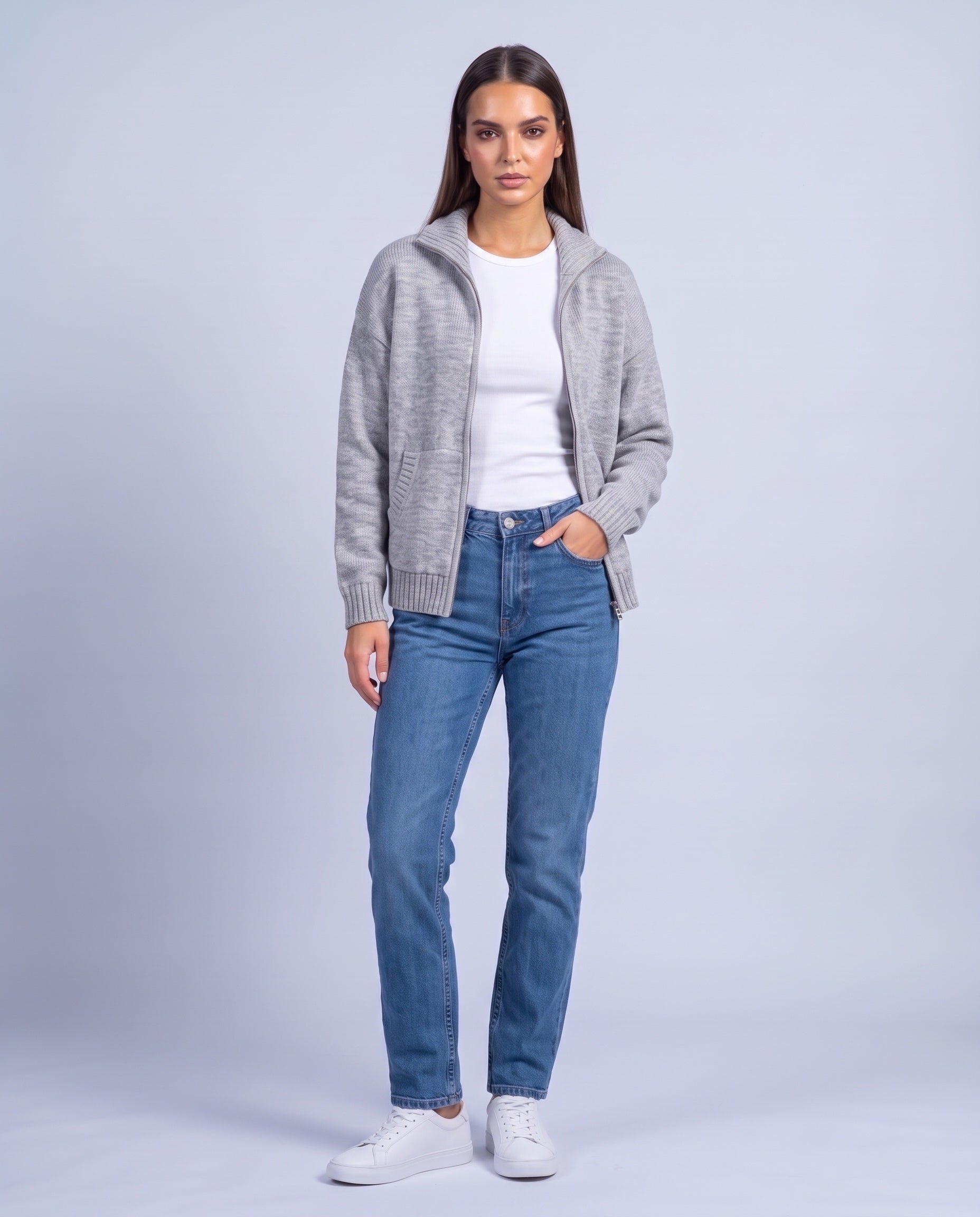 Heather Gray Zip Cardigan High Neck Zip Up Knitted Cardigan with Pockets Relaxed Fit