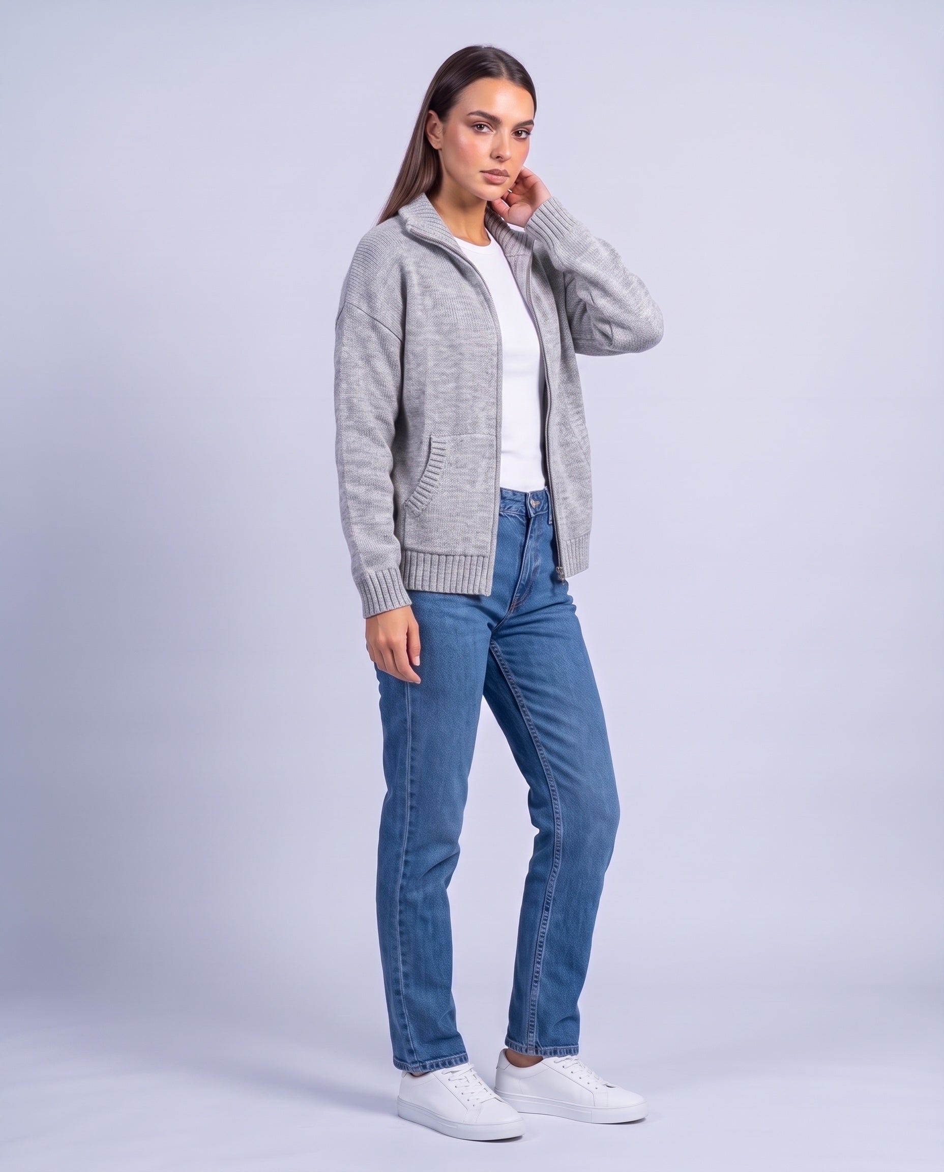 Heather Gray Zip Cardigan High Neck Zip Up Knitted Cardigan with Pockets Relaxed Fit