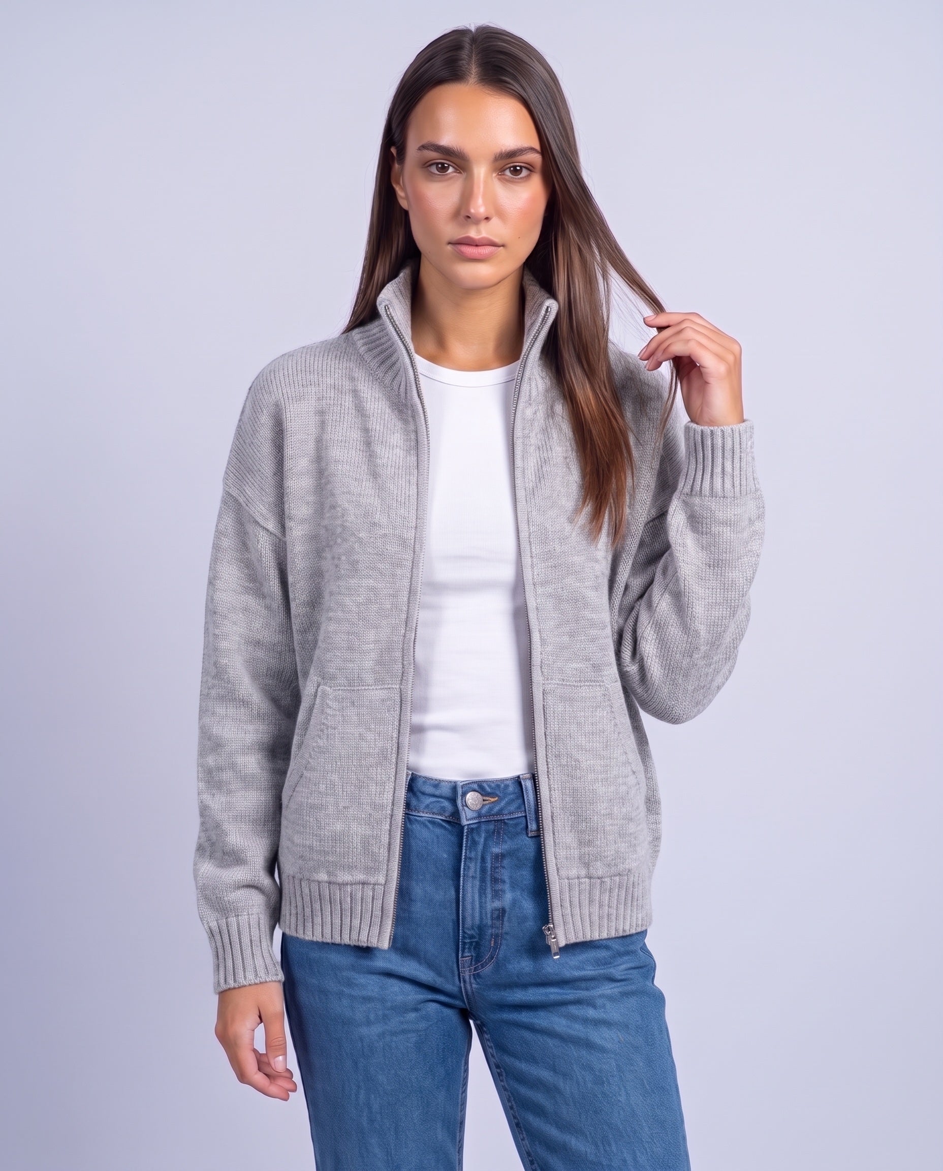 Heather Gray Zip Cardigan High Neck Zip Up Knitted Cardigan with Pockets Relaxed Fit