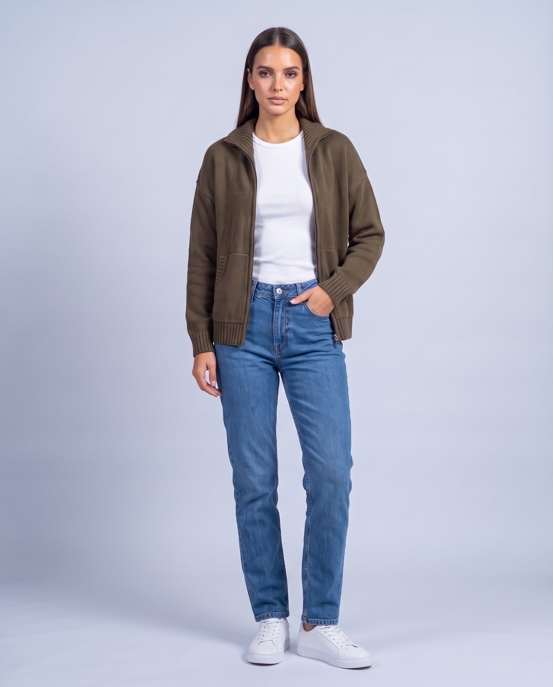 Khaki Zip Cardigan High Neck Zip Up Knitted Cardigan with Pockets Relaxed Fit
