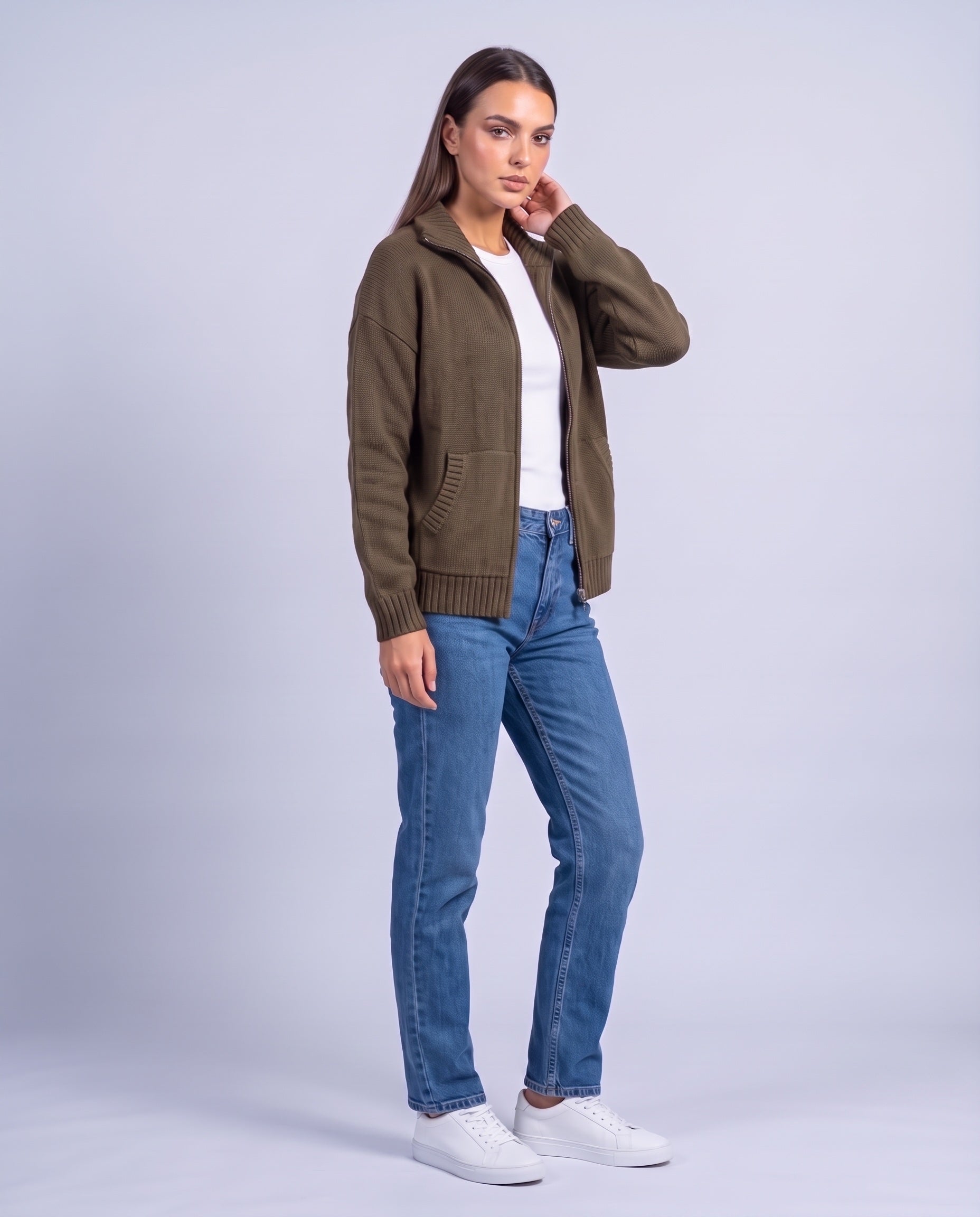 Khaki Zip Cardigan High Neck Zip Up Knitted Cardigan with Pockets Relaxed Fit