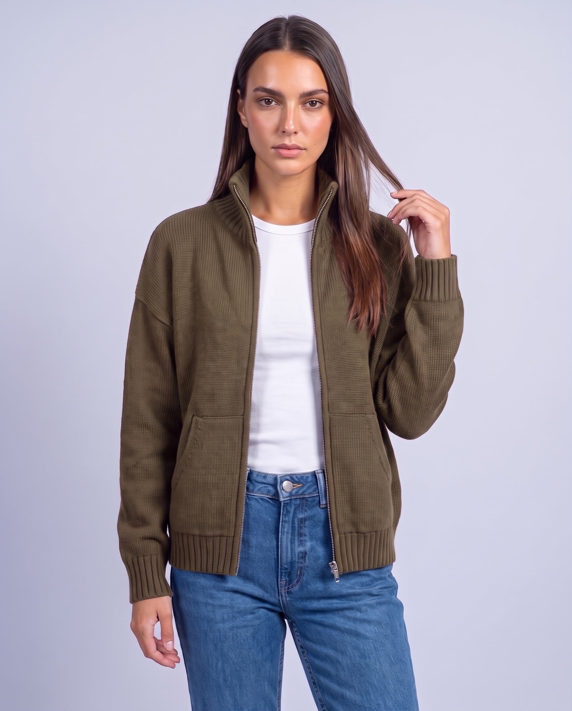 Khaki Zip Cardigan High Neck Zip Up Knitted Cardigan with Pockets Relaxed Fit