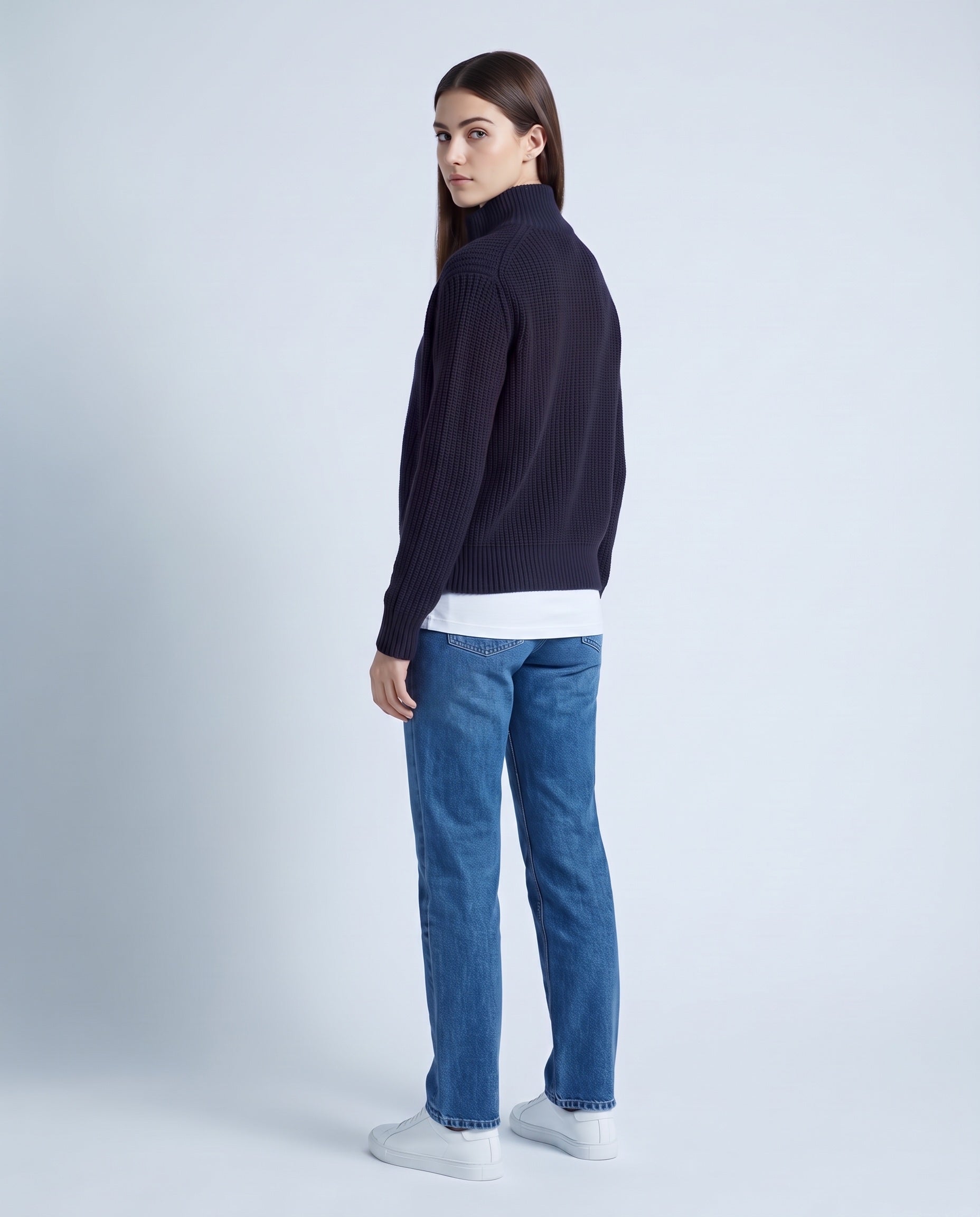 Navy Blue Zip Cardigan High Neck Zip Up Knitted Cardigan with Pockets Relaxed Fit