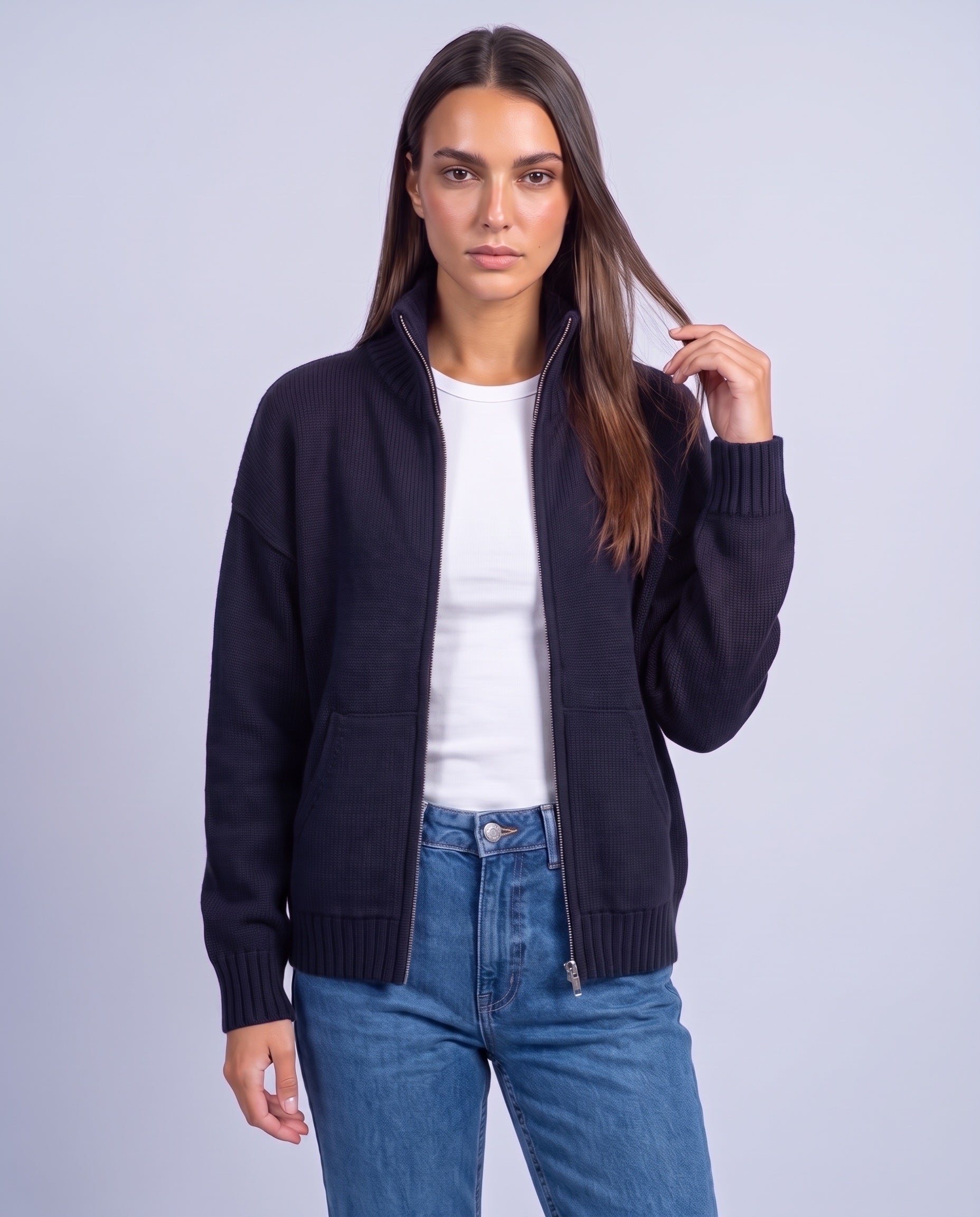 Navy Blue Zip Cardigan High Neck Zip Up Knitted Cardigan with Pockets Relaxed Fit