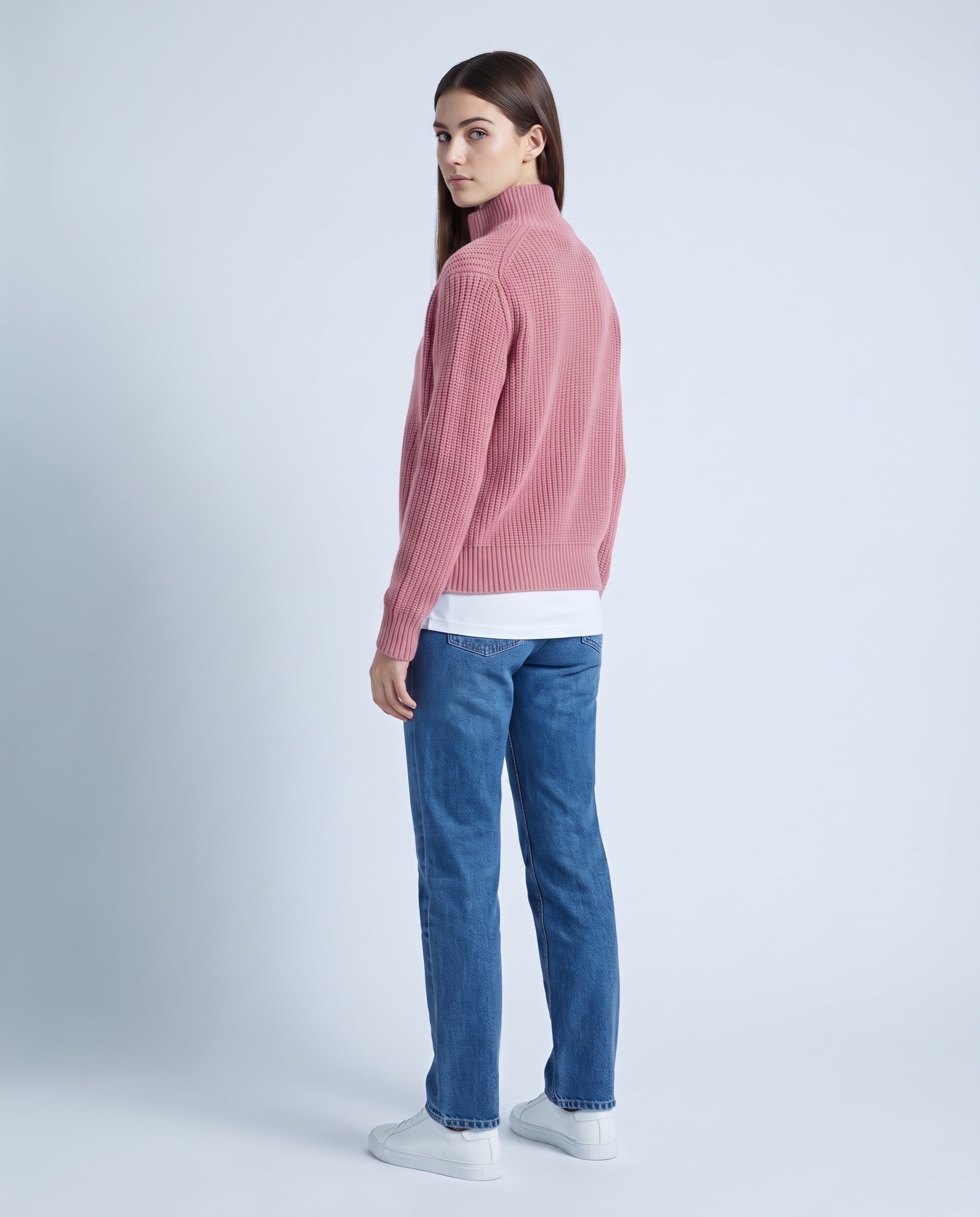 Pink Zip Cardigan High Neck Zip Up Knitted Cardigan with Pockets Relaxed Fit