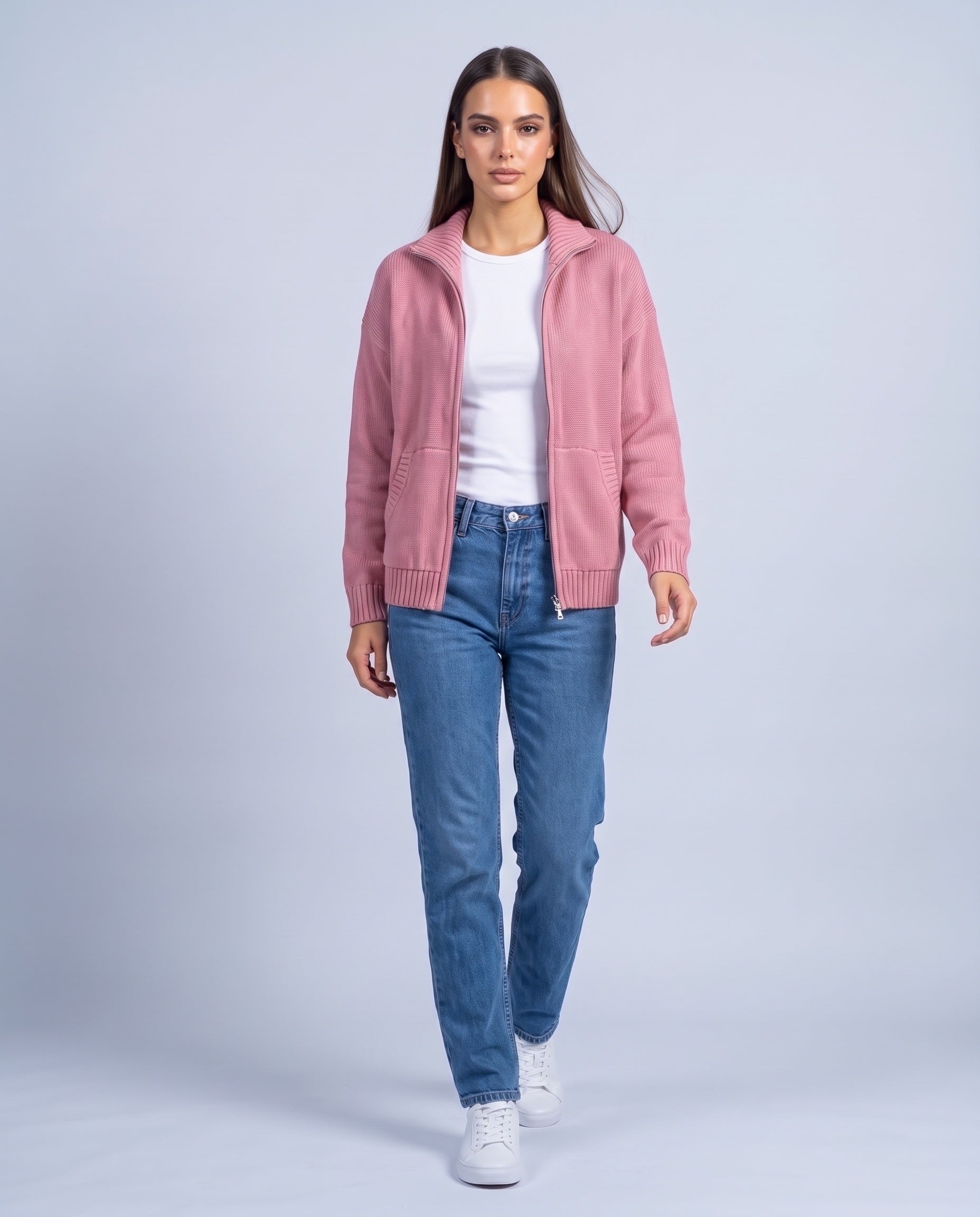 Pink Zip Cardigan High Neck Zip Up Knitted Cardigan with Pockets Relaxed Fit