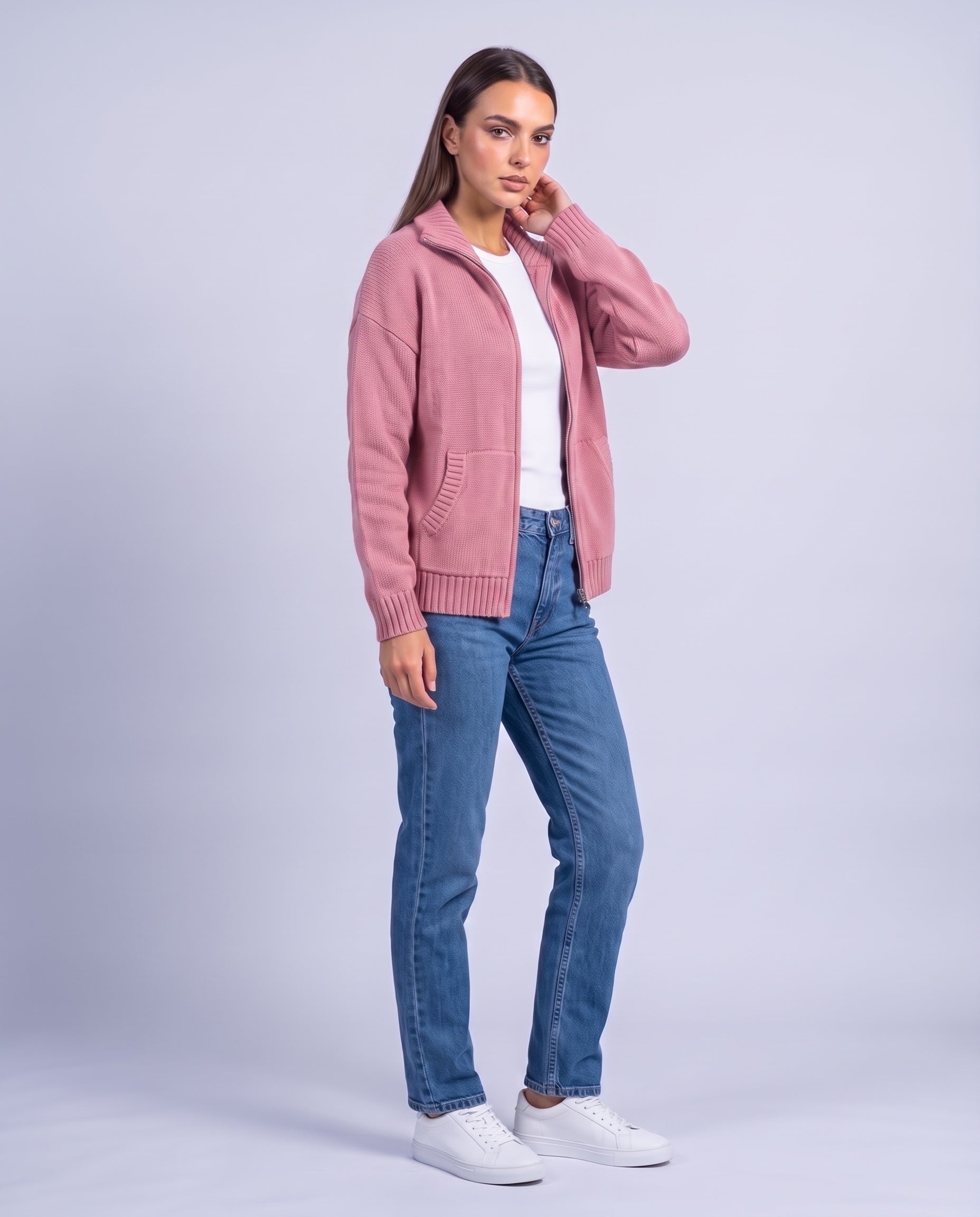 Pink Zip Cardigan High Neck Zip Up Knitted Cardigan with Pockets Relaxed Fit