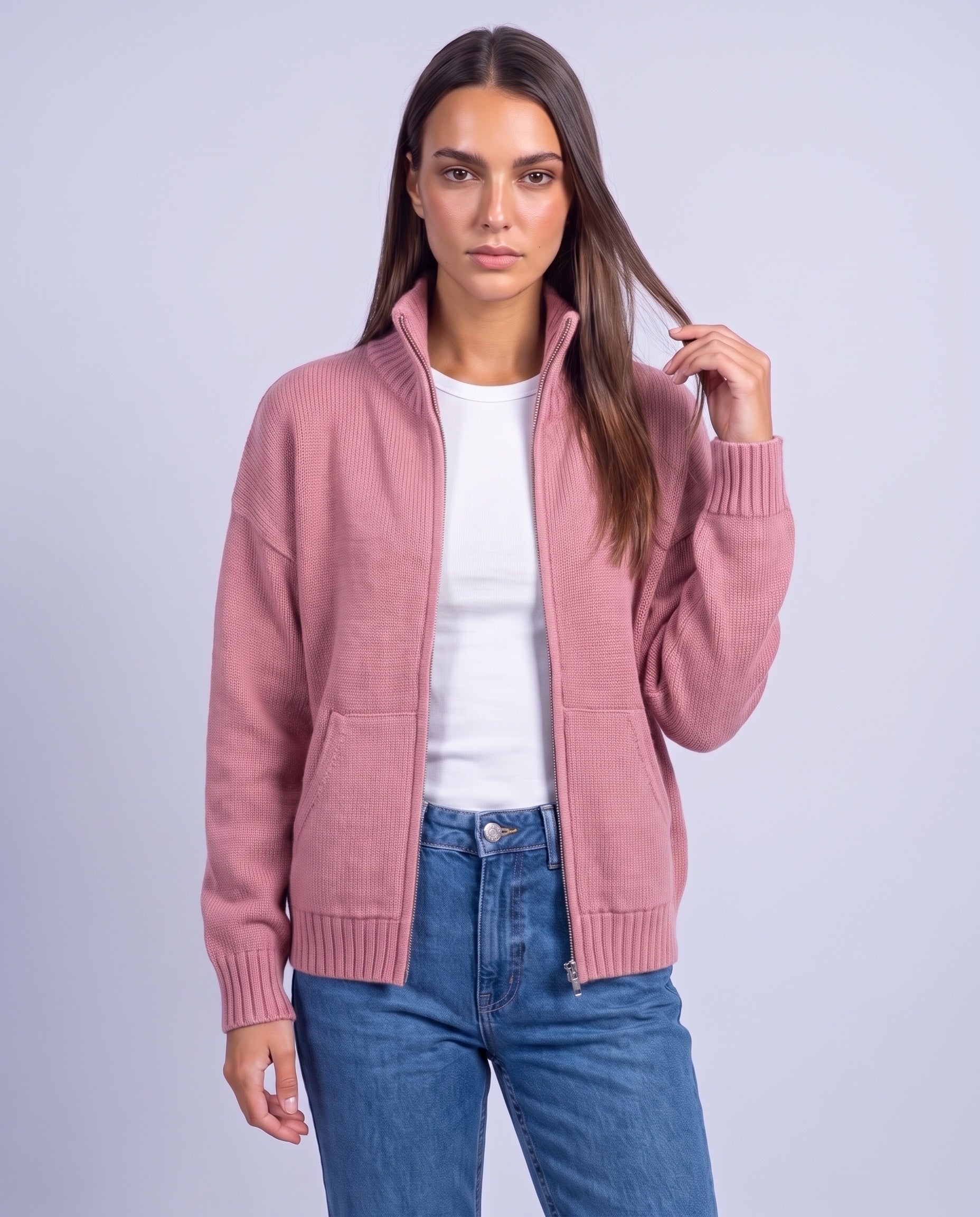 Pink Zip Cardigan High Neck Zip Up Knitted Cardigan with Pockets Relaxed Fit
