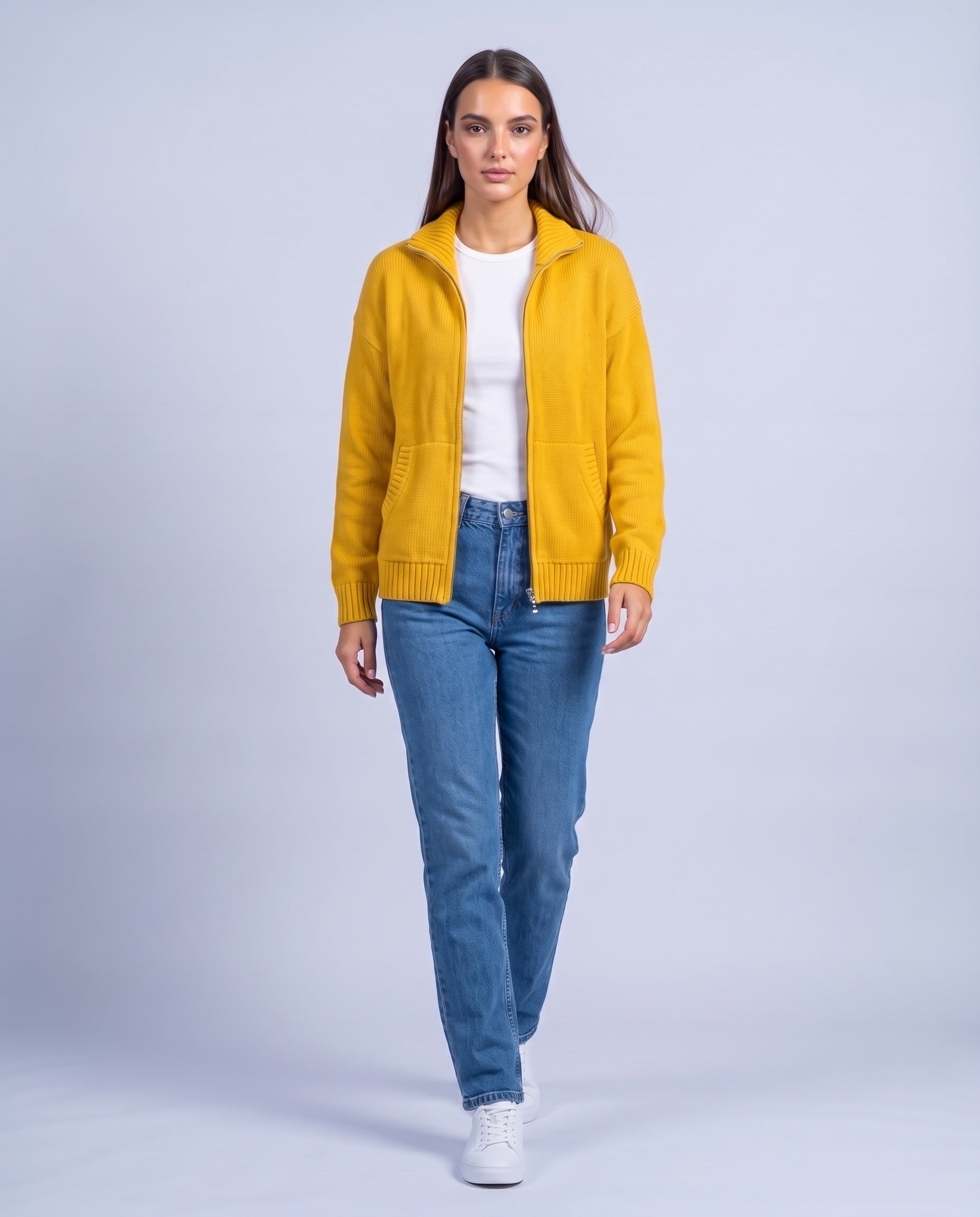 Yellow Zip Cardigan High Neck Zip Up Knitted Cardigan with Pockets Relaxed Fit