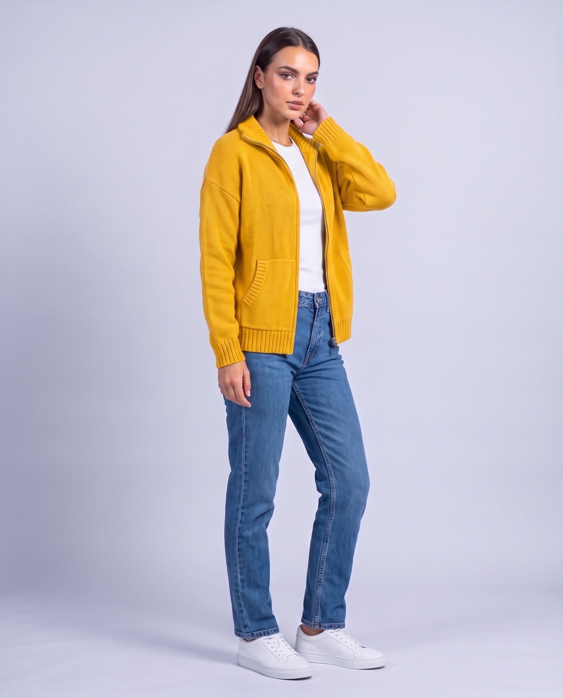 Yellow Zip Cardigan High Neck Zip Up Knitted Cardigan with Pockets Relaxed Fit