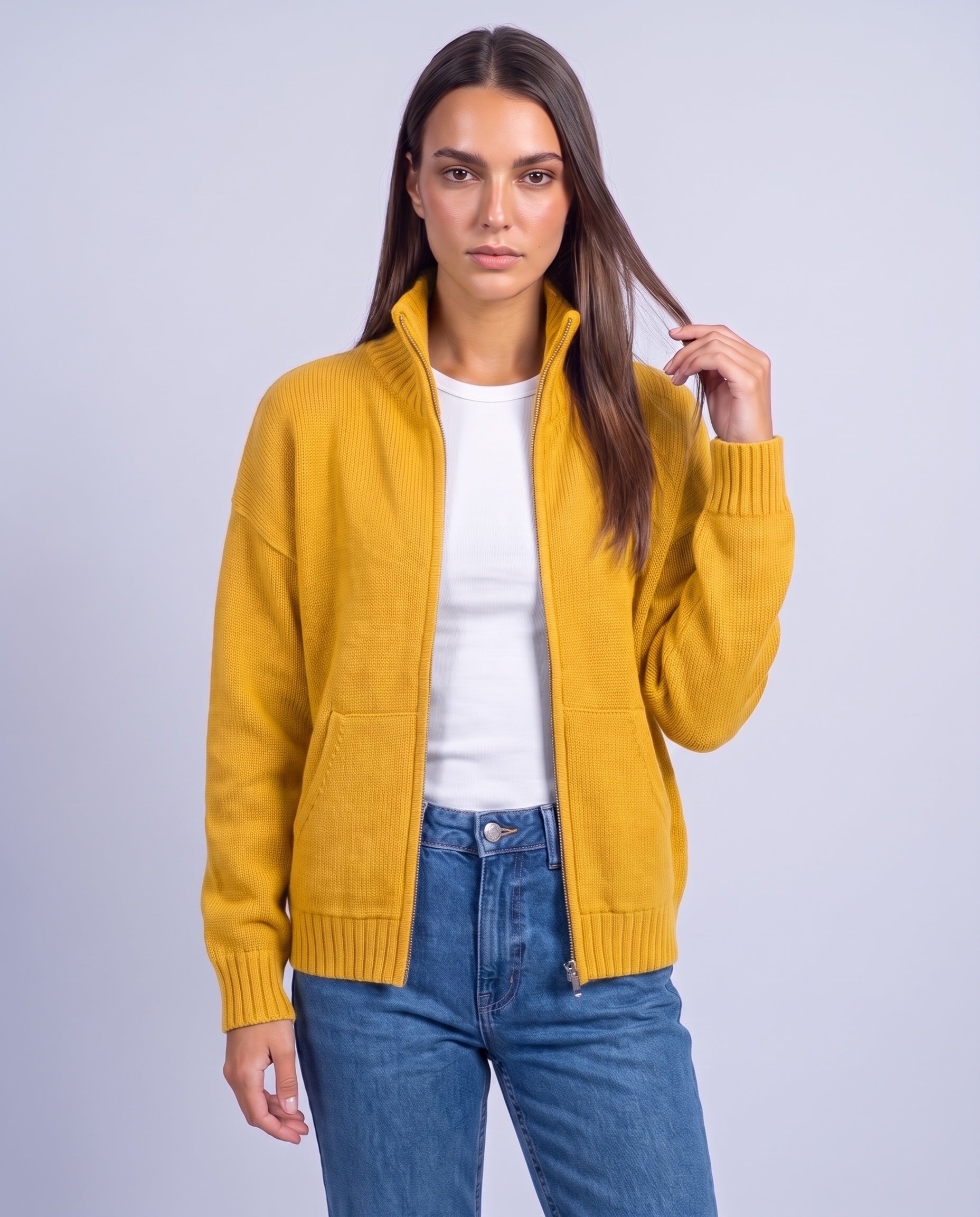 Yellow Zip Cardigan High Neck Zip Up Knitted Cardigan with Pockets Relaxed Fit