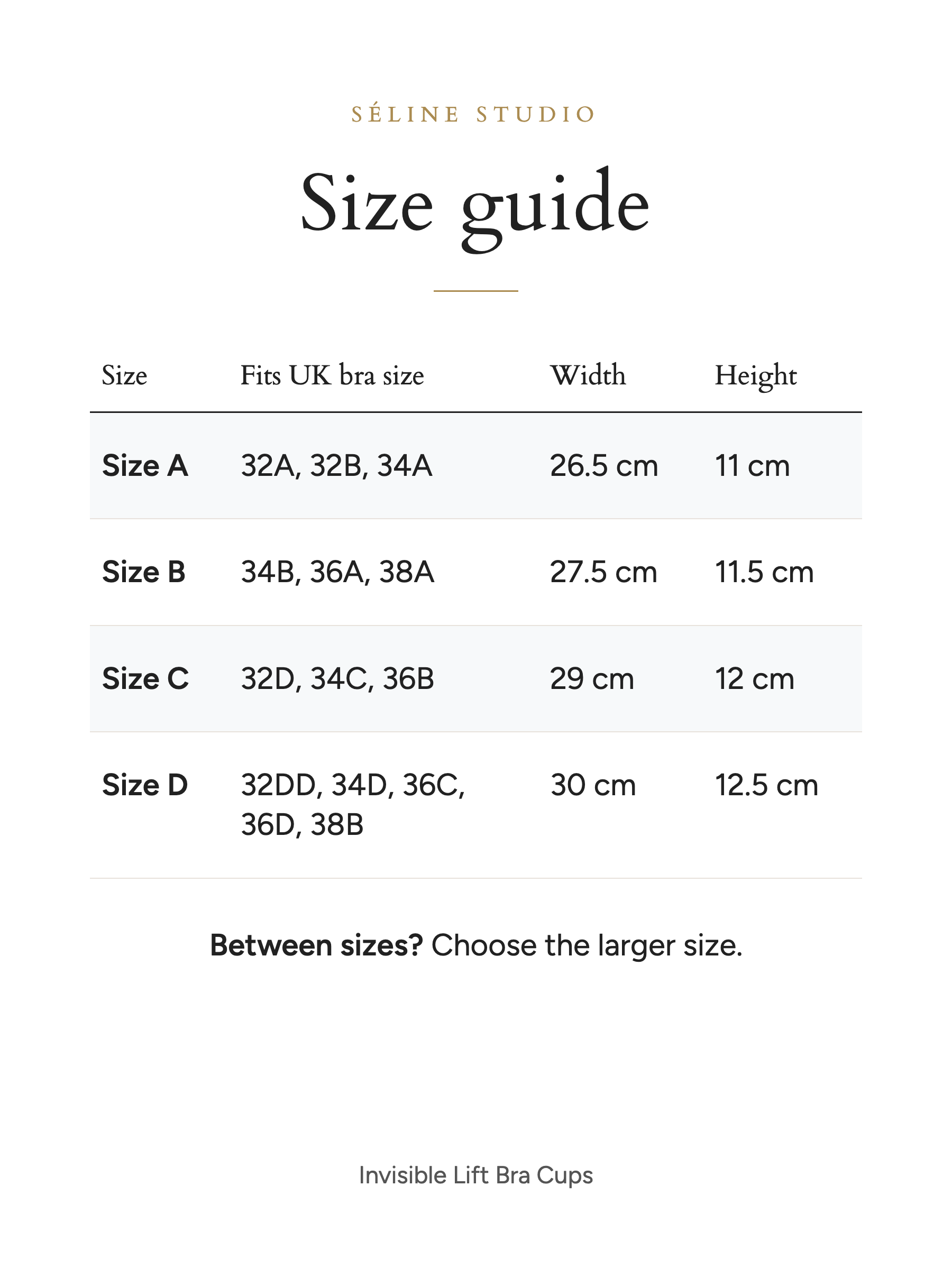 Invisible Lift Bra Cups size guide